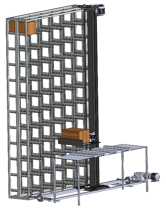 Single aisle storage rack, stacker crane and ground level discharge tables in CAD