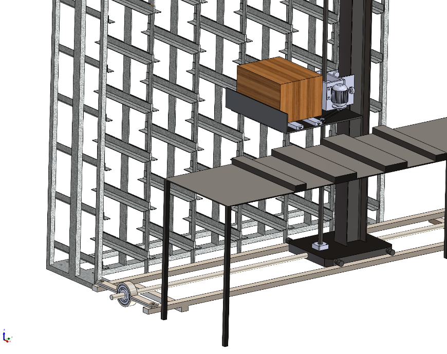 Storage rack and loaded carriage positioned near the discharge tables