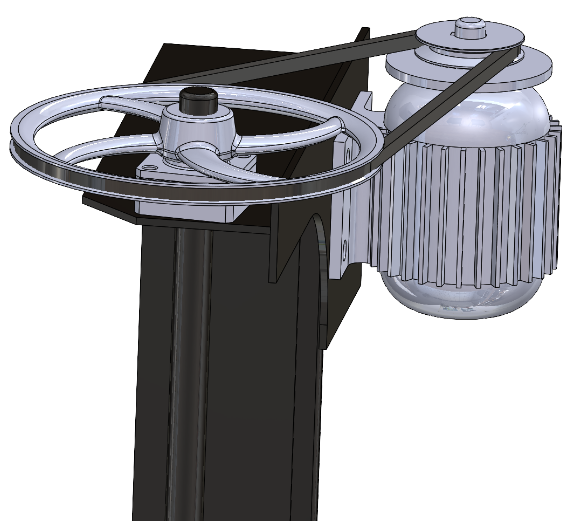 Belt driven lift head showing the motor, pulley and belt at the top of the mast