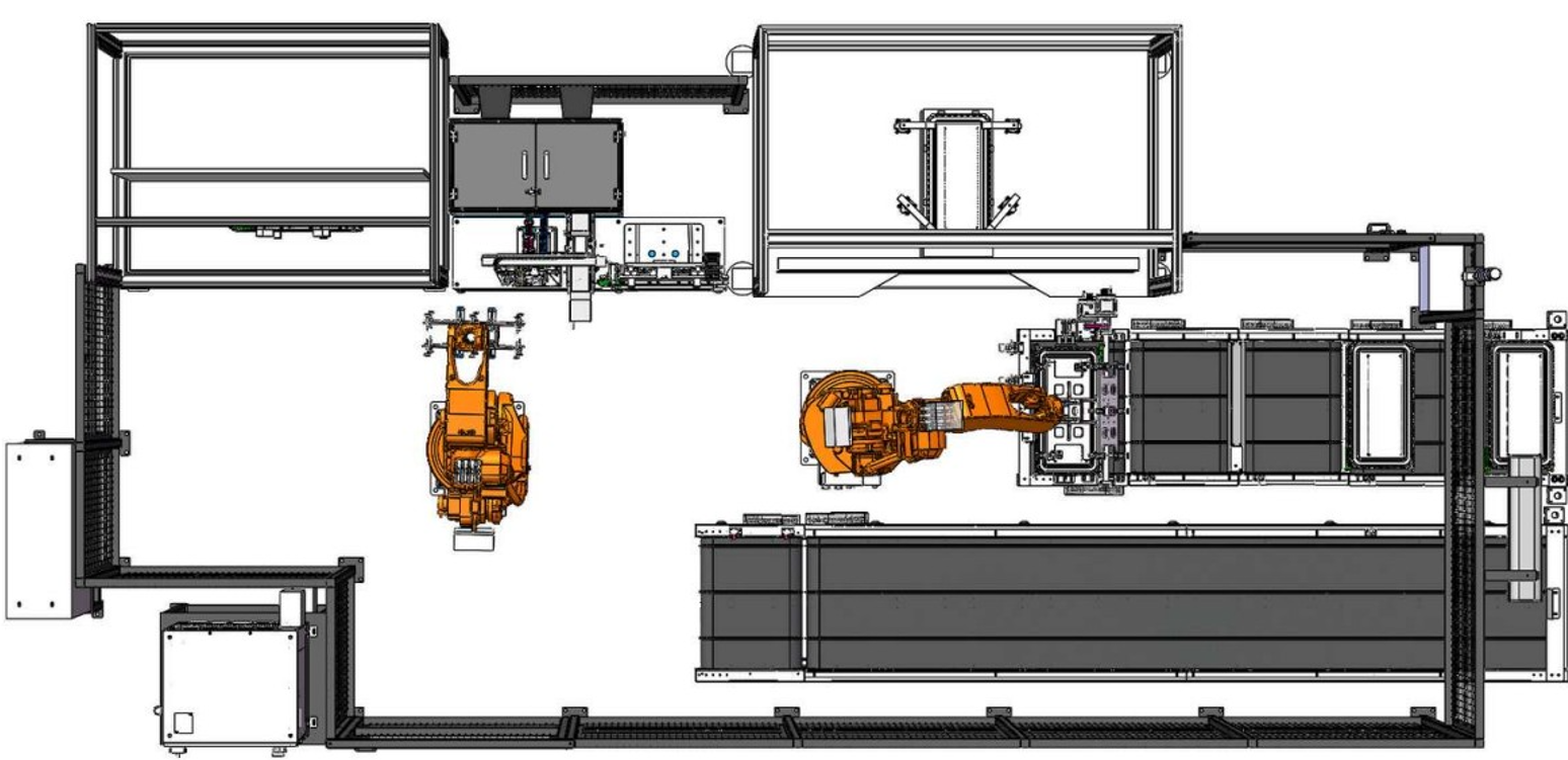 Workcell plan view showing the two robots, process stations, conveyors and surrounding cell layout