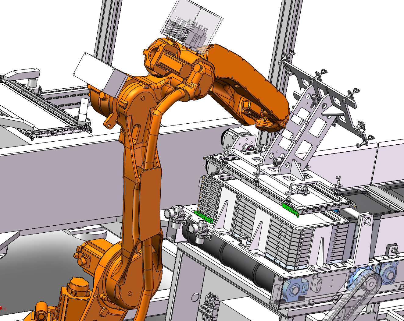 KUKA robot reach study showing the robot, end effector and workpiece fixture within the workcell CAD assembly