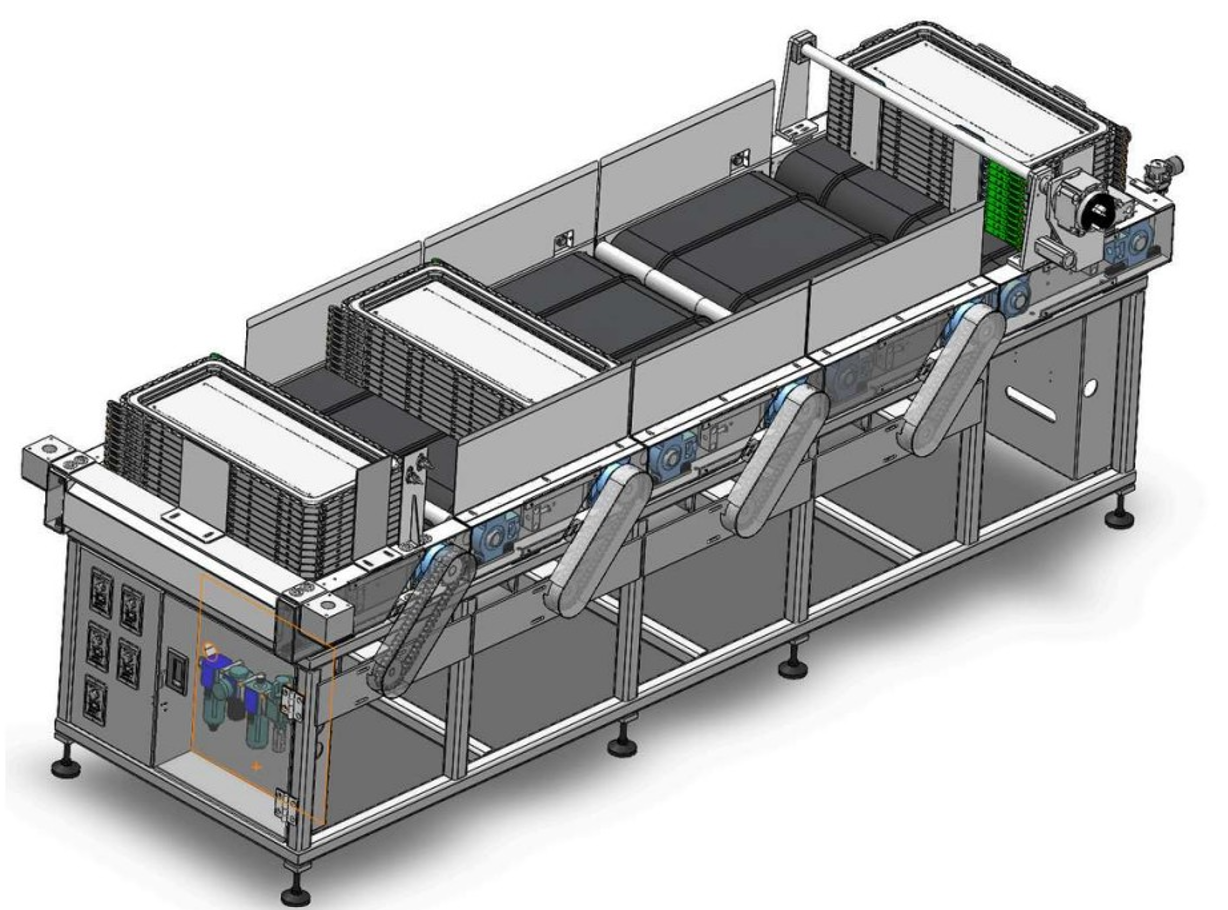 Feed conveyor CAD assembly with stacked workpieces, side guides and drive components