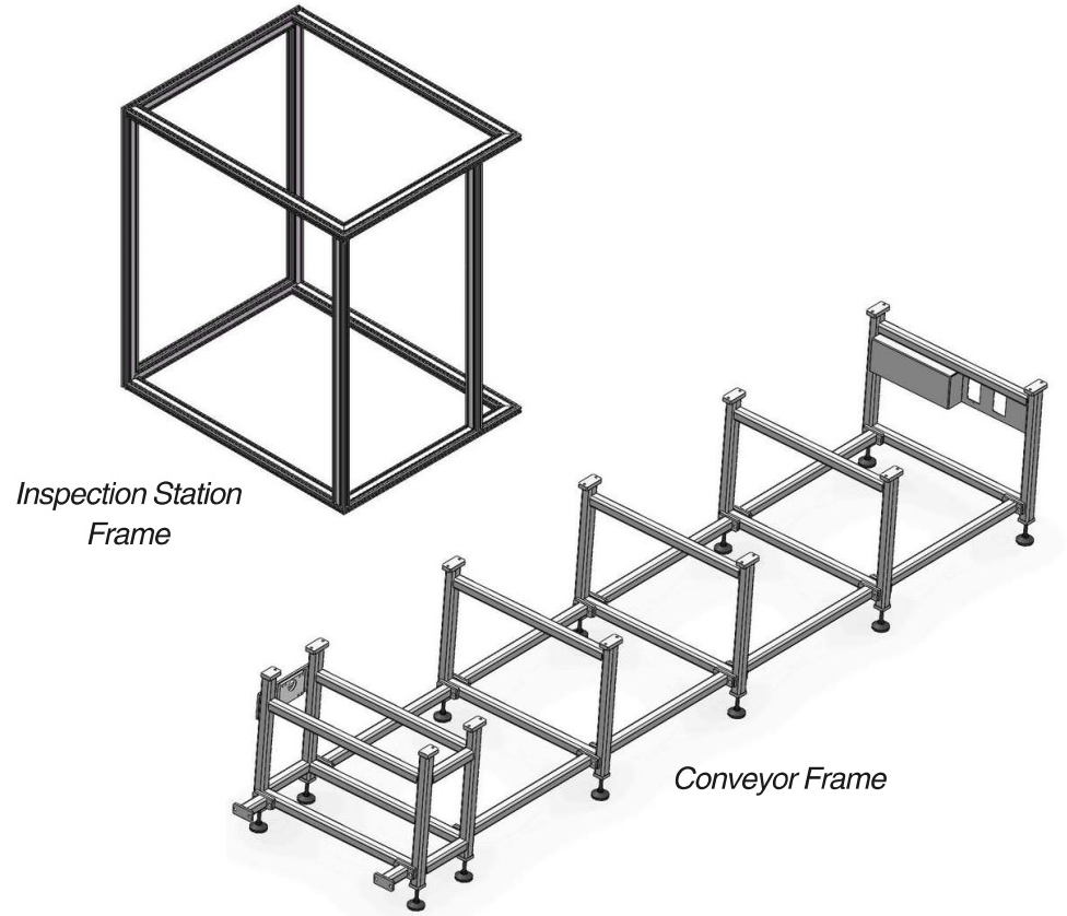 Inspection station frame and conveyor support frame shown separately in the supplied CAD view