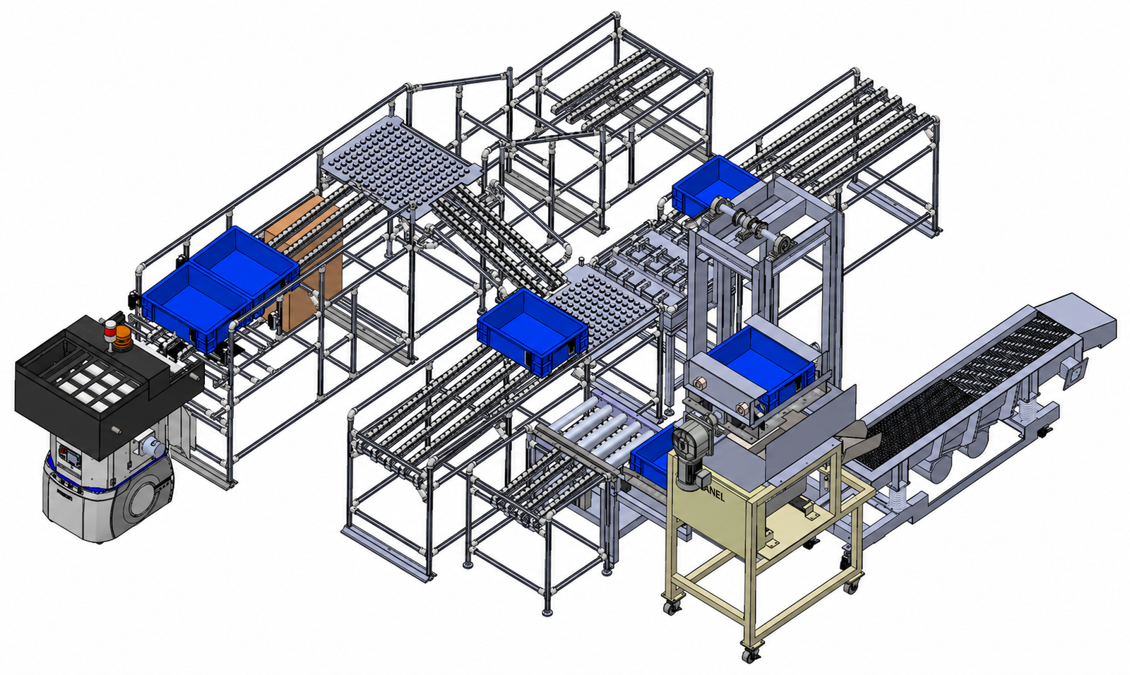 Integrated CAD overview of the die cast production line with tote handling, lifter, process modules and AMR handoff.
