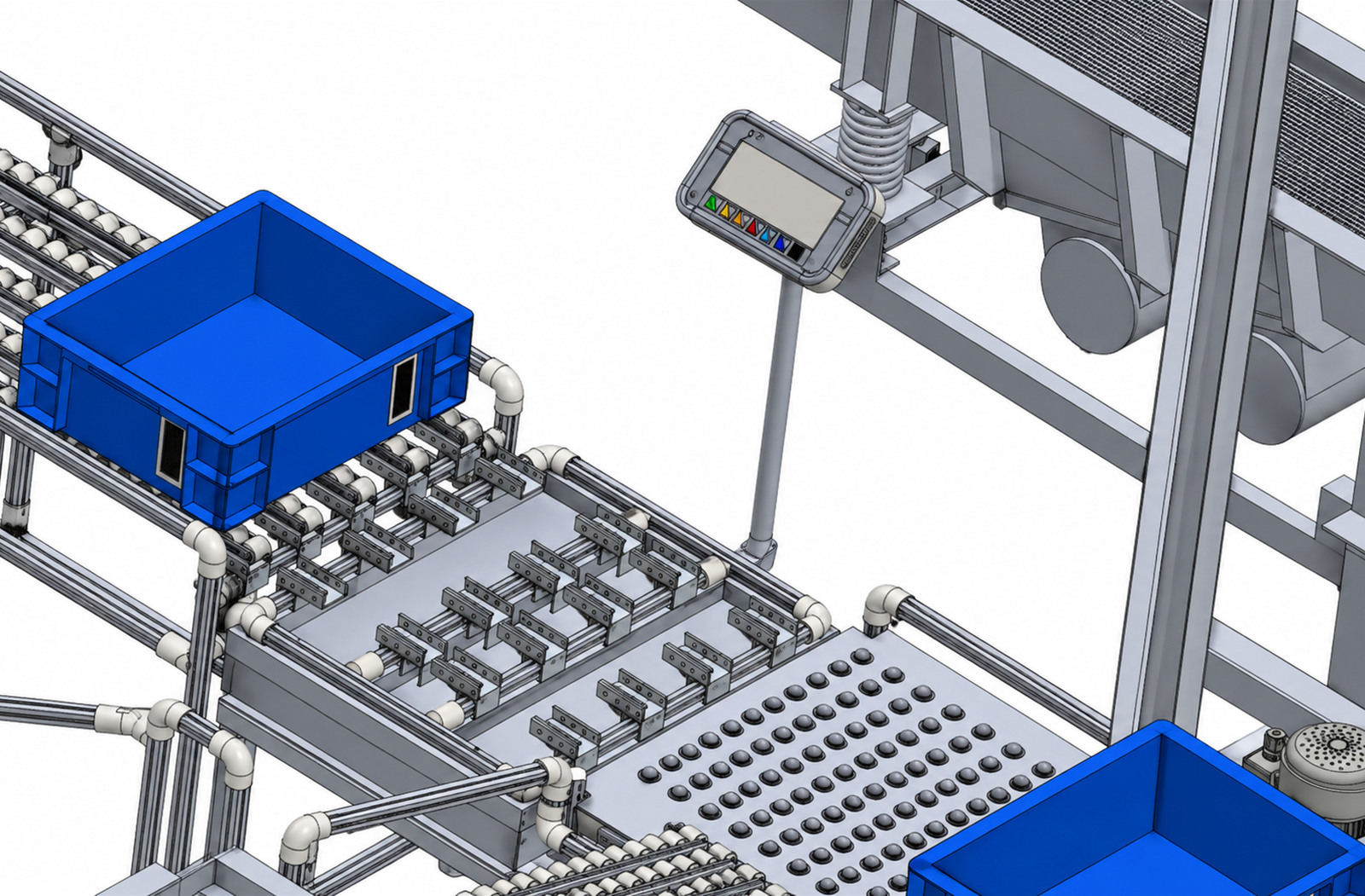 Tote distribution area showing roller lanes, local transfer hardware and the adjacent lifter