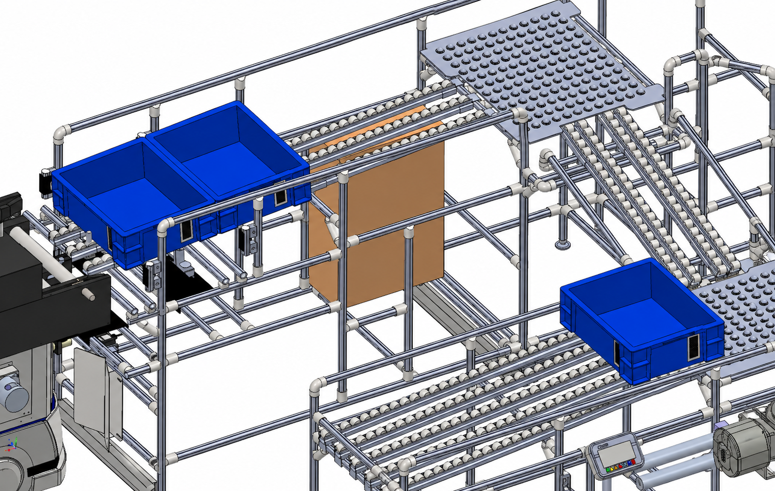 Totes on multilevel roller lanes beside the autonomous mobile robot collection position