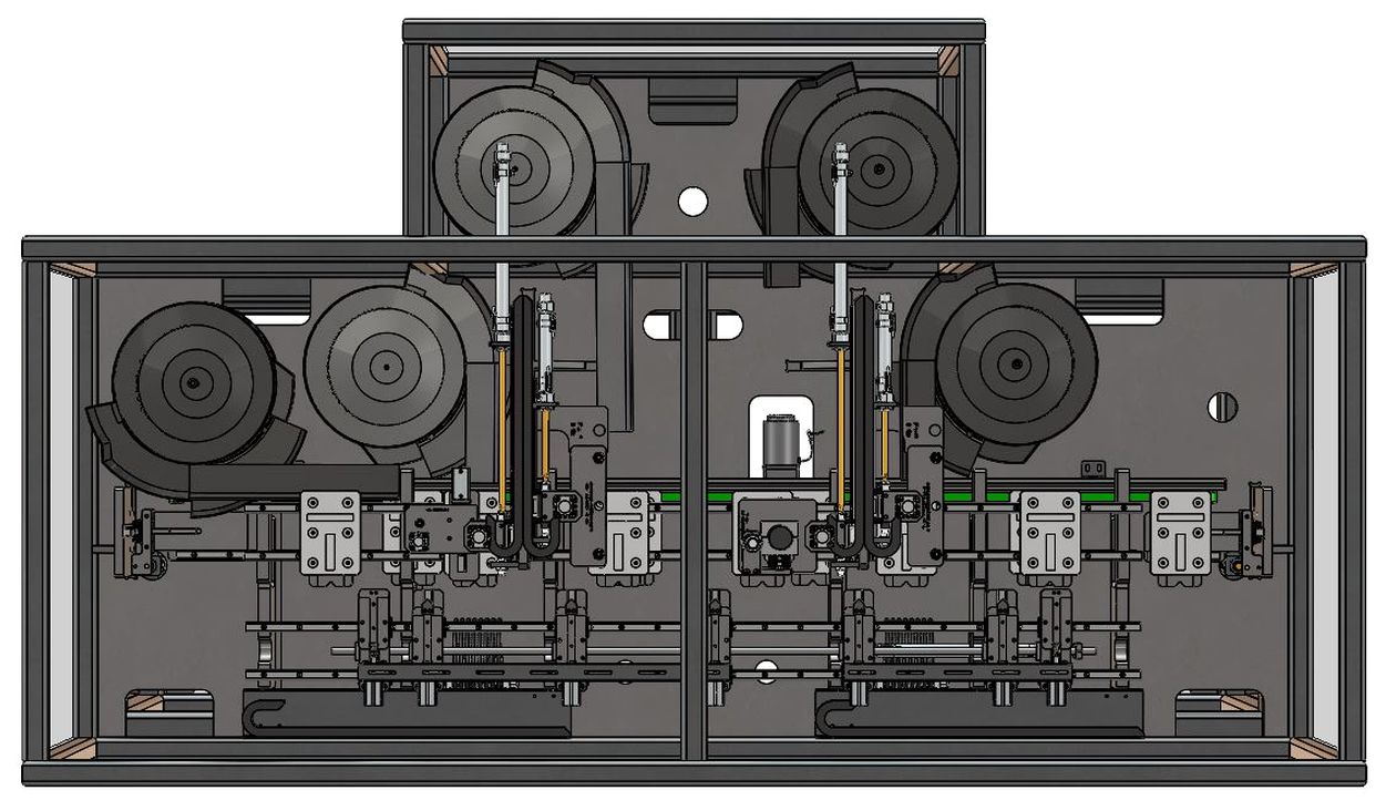 Machine layout showing multiple bowl feeders and repeated assembly stations
