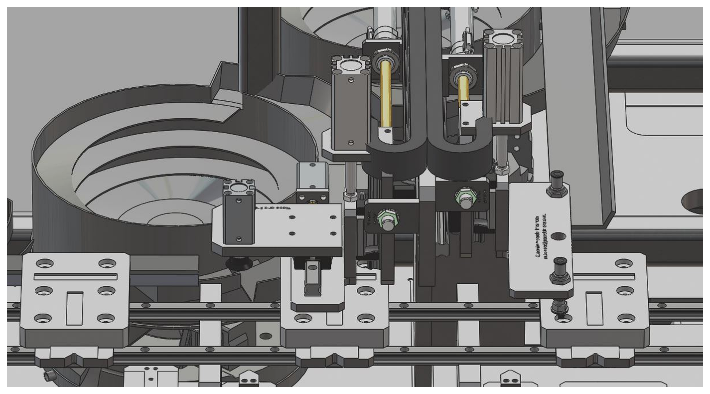Bowl fed handling station positioned above the carrier path