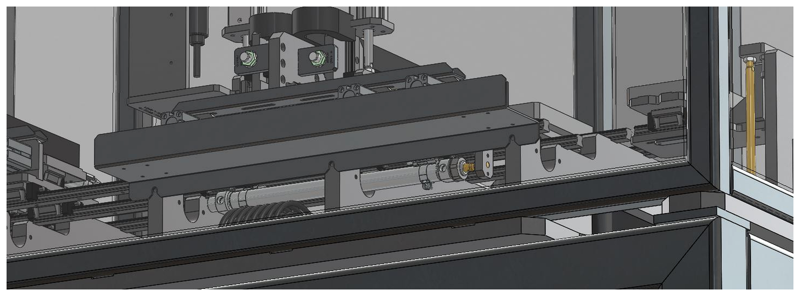Downstream transfer and handling mechanism above the machine base