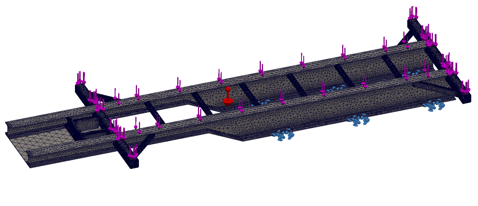 Meshed gooseneck trailer chassis model showing applied loads and support conditions.