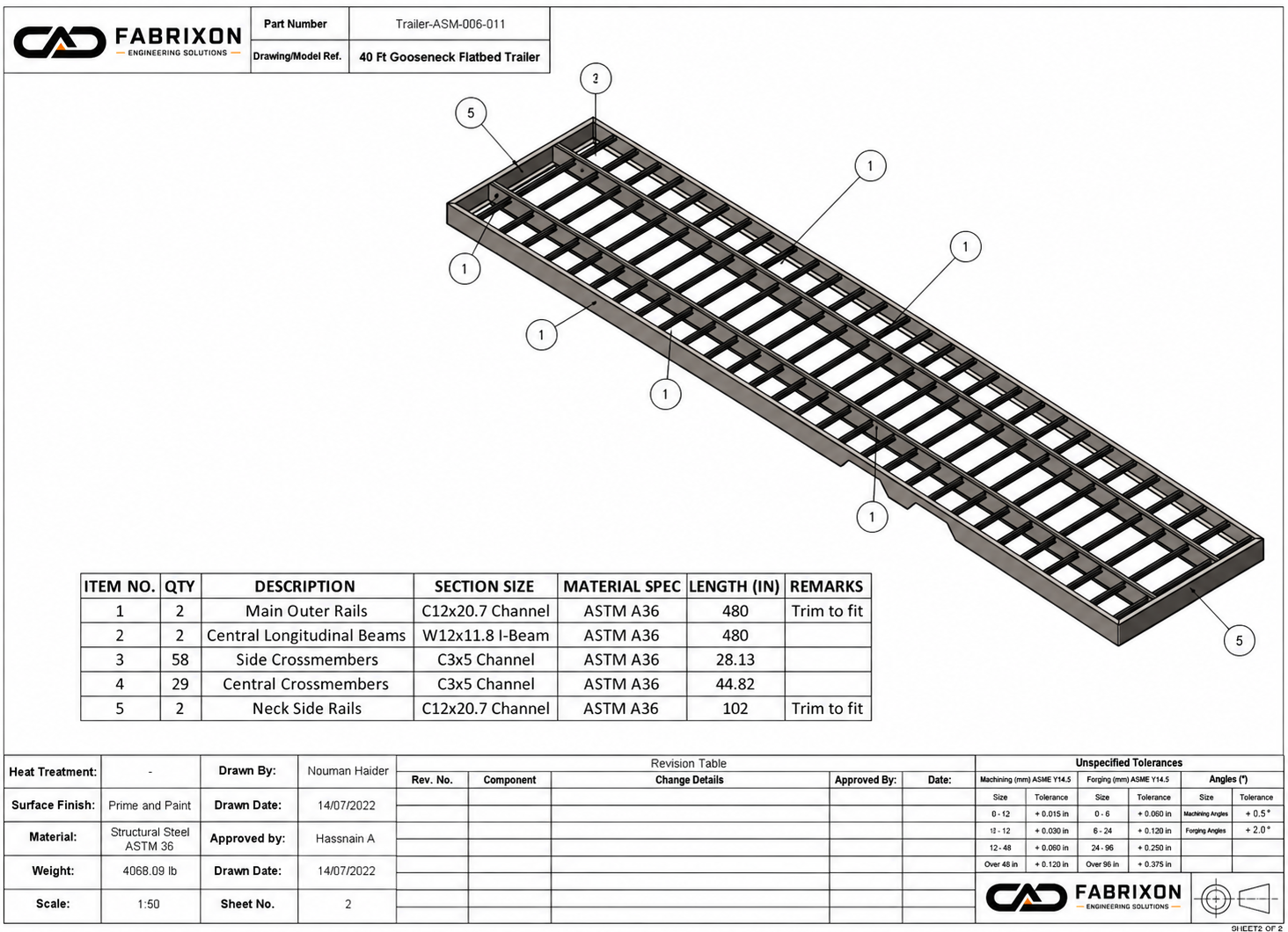 Controlled assembly drawing of the 40 ft gooseneck trailer chassis