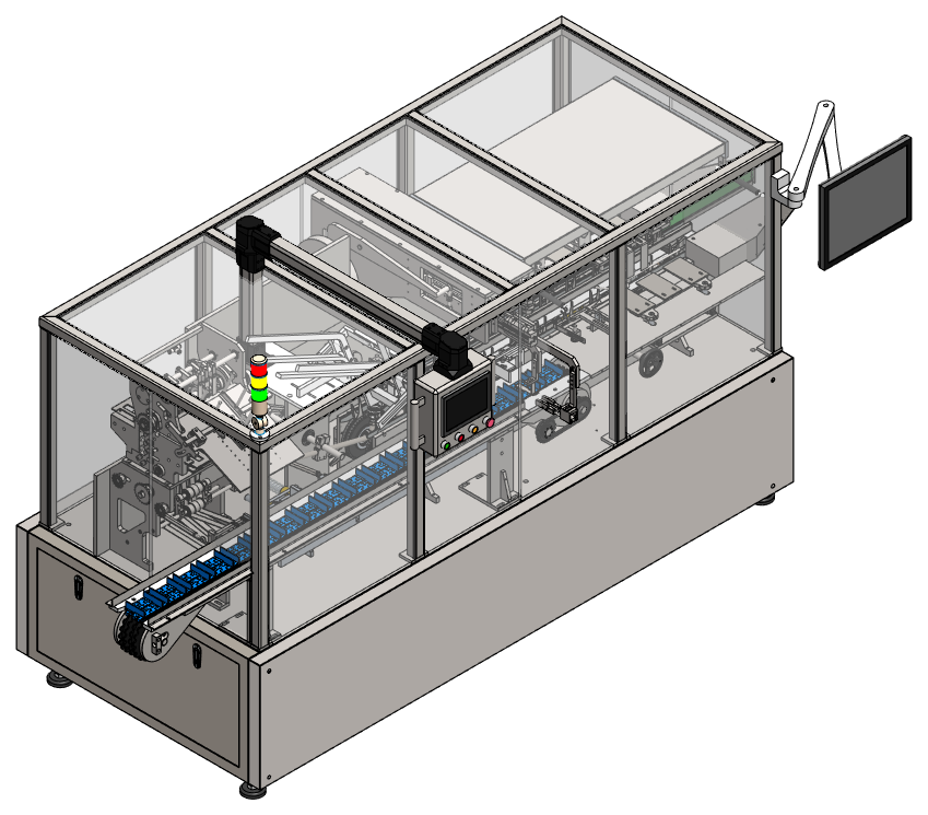 Complete horizontal cartoning machine with transparent enclosure and external operator interface