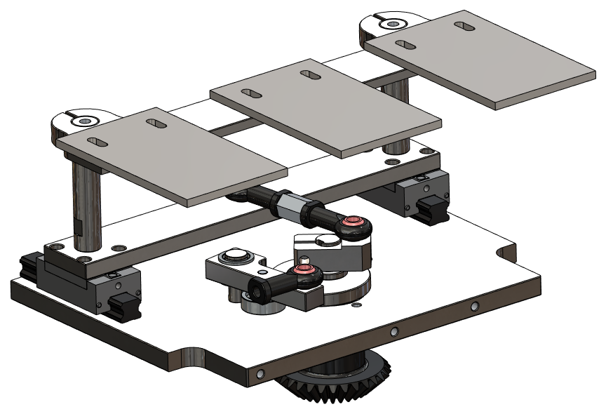 Timed linkage and transfer subassembly with rotary and guided motion elements
