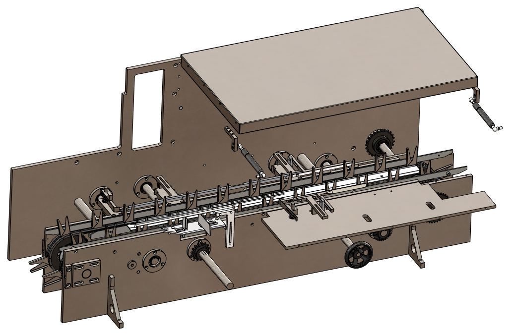 Carton transport assembly with long transfer path, guides and linked mechanisms