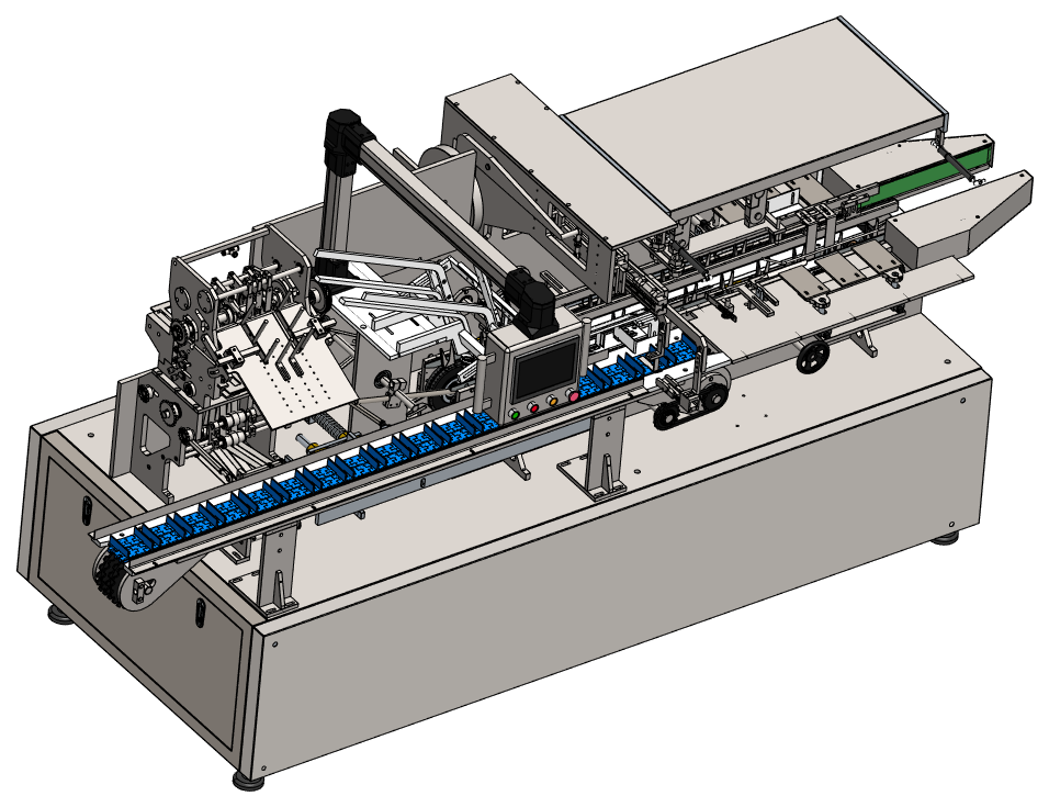 Overall mechanical arrangement with enclosure removed to show the product infeed and internal cartoning mechanisms