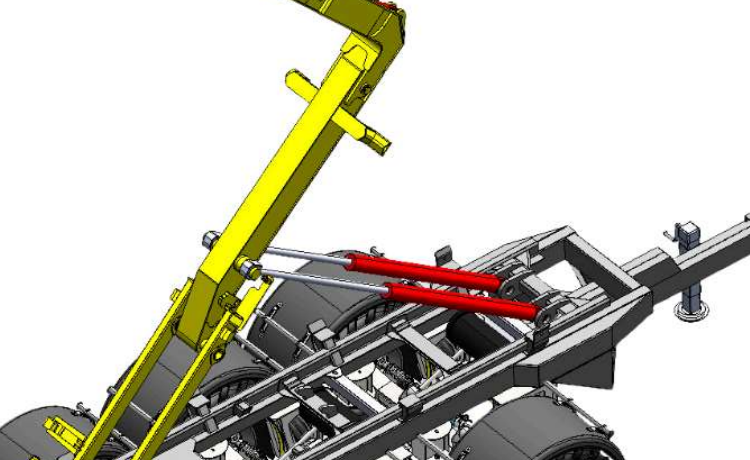 Lift arm and hydraulic actuation region where paired cylinders and linkage geometry control hook trajectory and mechanical advantage through the cycle.