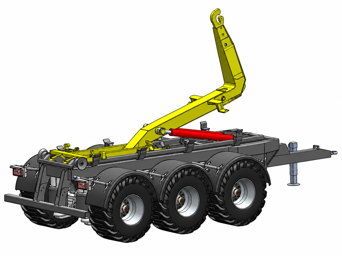 Linework view of the hooklift linkage and container interface showing the hook geometry, lift arm and rear transfer structure.