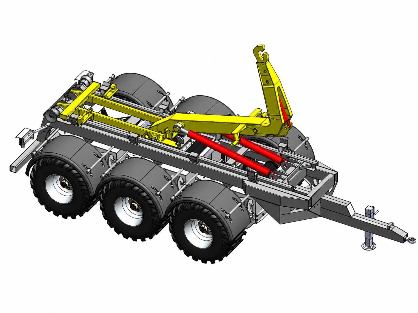 Rear quarter structural view showing mechanism reactions transferred through the hooklift frame into the trailer chassis.