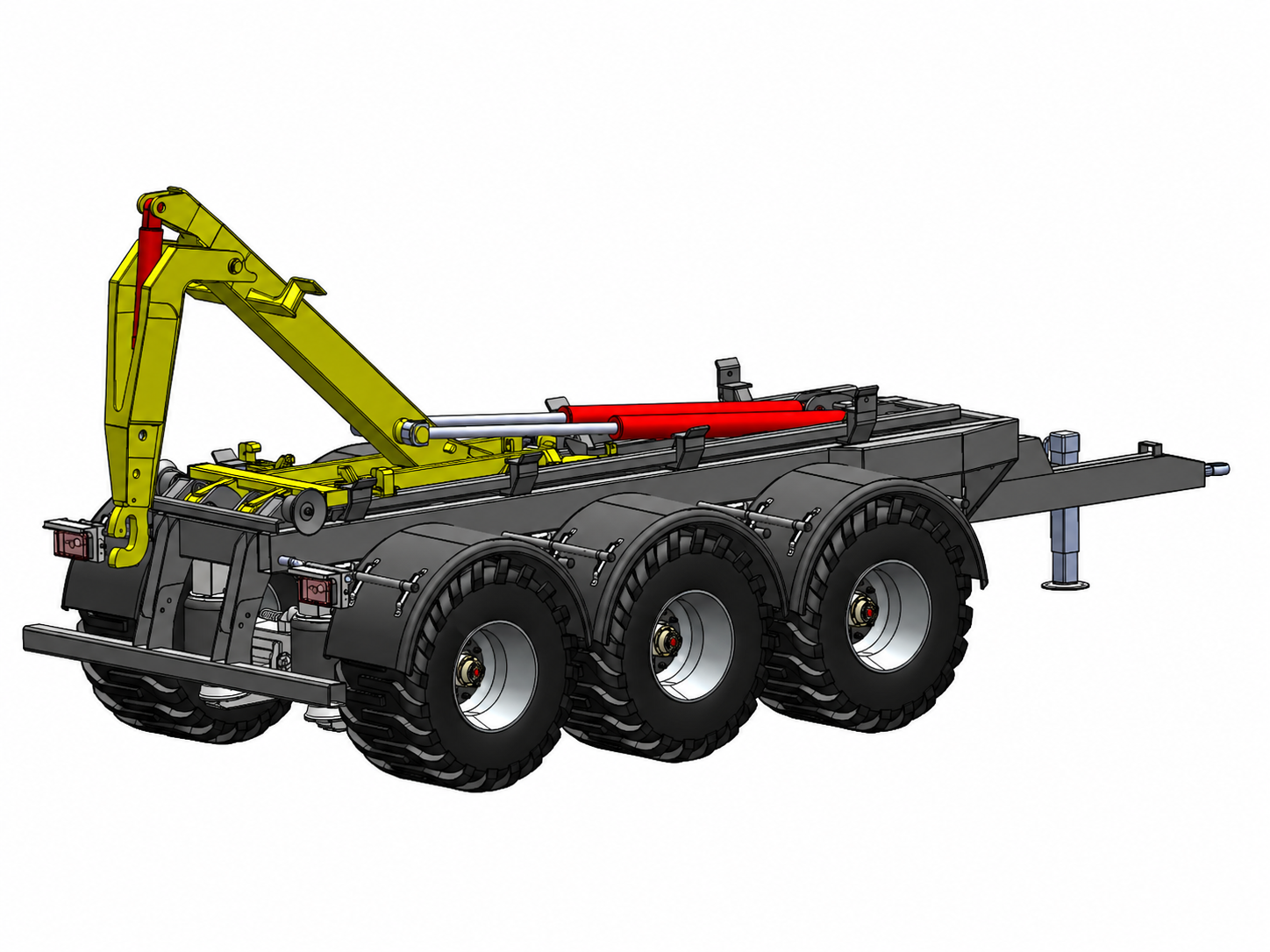 Chassis centred perspective showing twin longitudinal rails, mechanism supports, tri axle running gear and principal load introduction points.