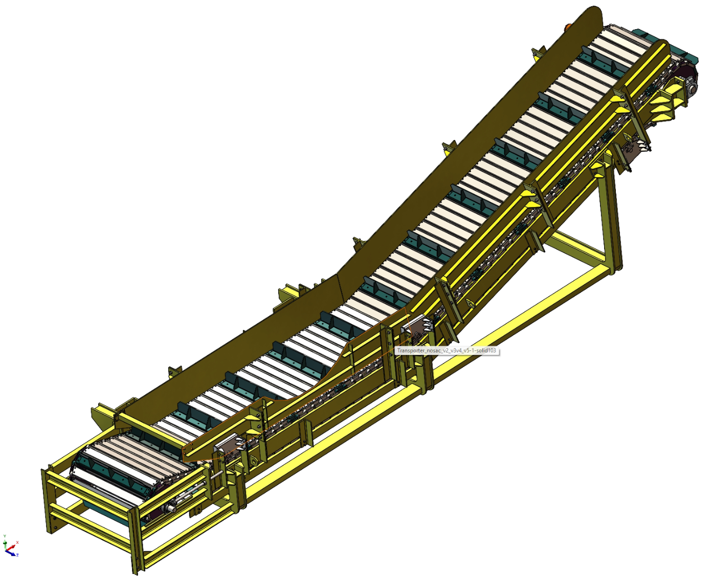 Overall inclined flighted slat chain conveyor CAD assembly view