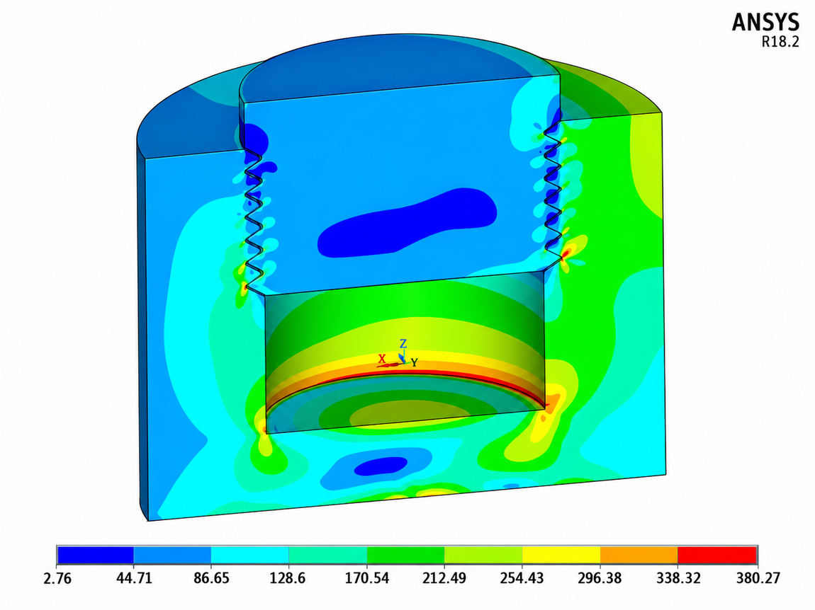 Local FEA contour around a critical threaded industrial connection