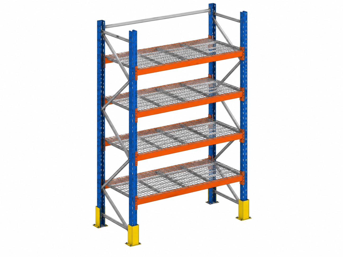 Representative warehouse rack bay showing repeated storage levels, upright frames, wire mesh decks and bracing