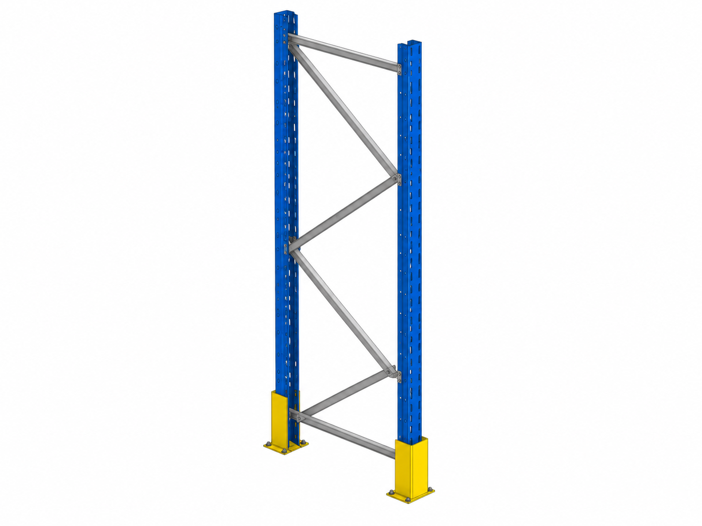 Braced warehouse rack upright frame showing diagonal stability members and anchored bases