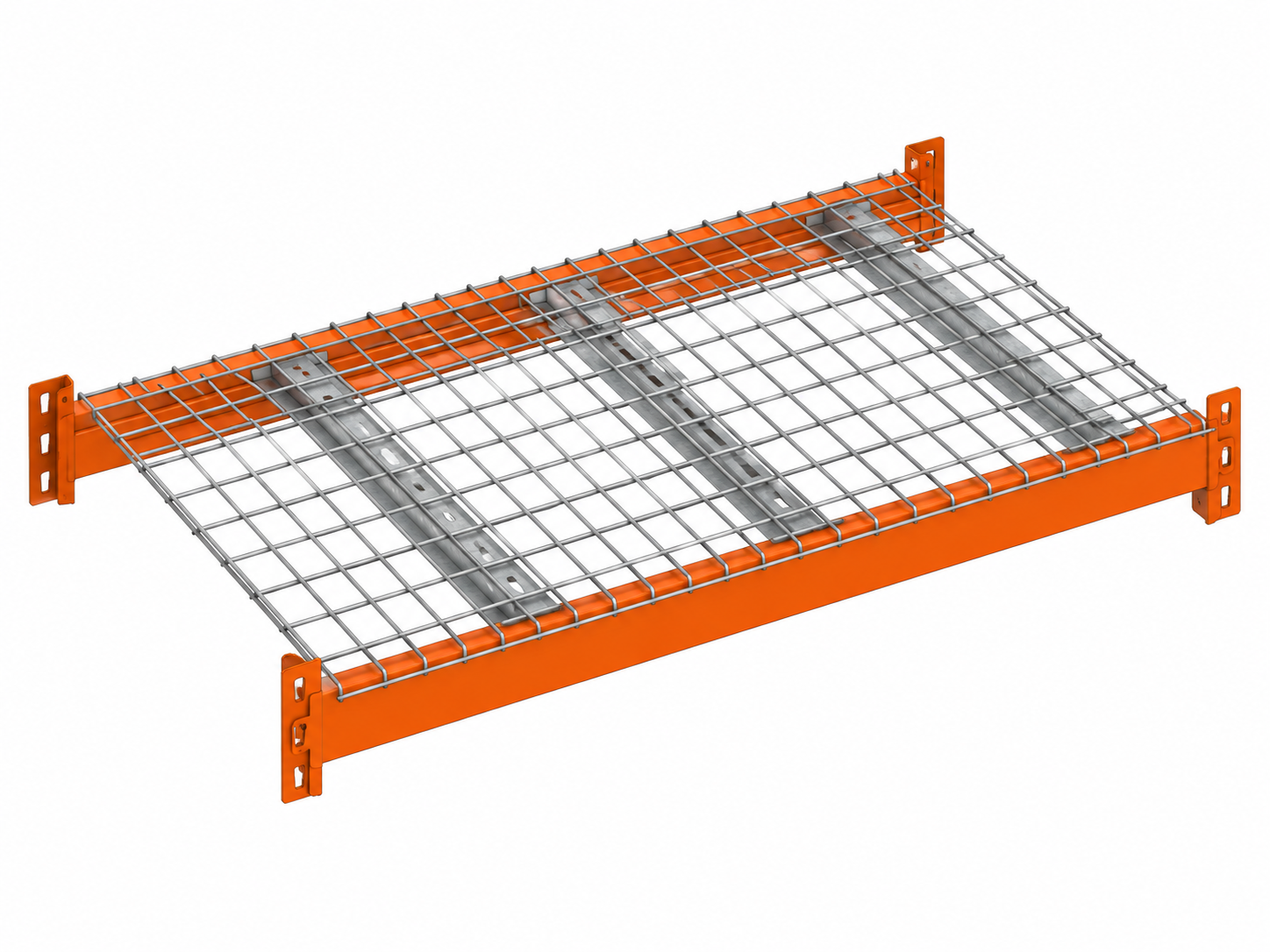 Warehouse rack wire mesh deck module with beam supports and intermediate deck support members