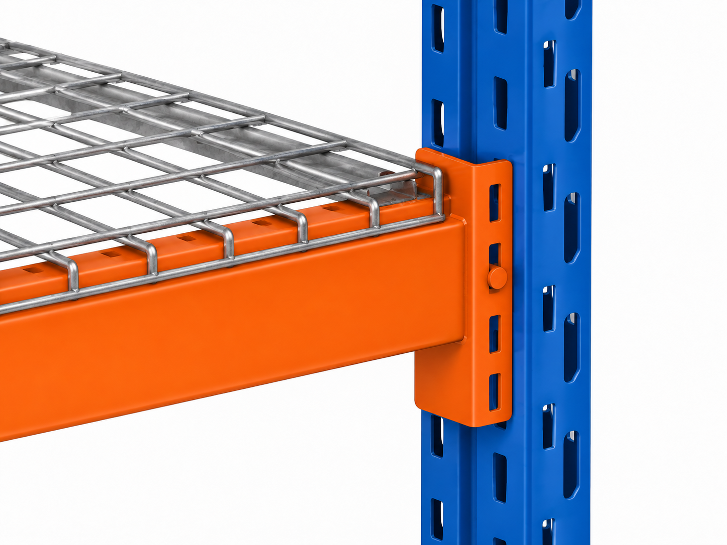 Warehouse rack beam to upright connection showing slotted upright and beam end connector
