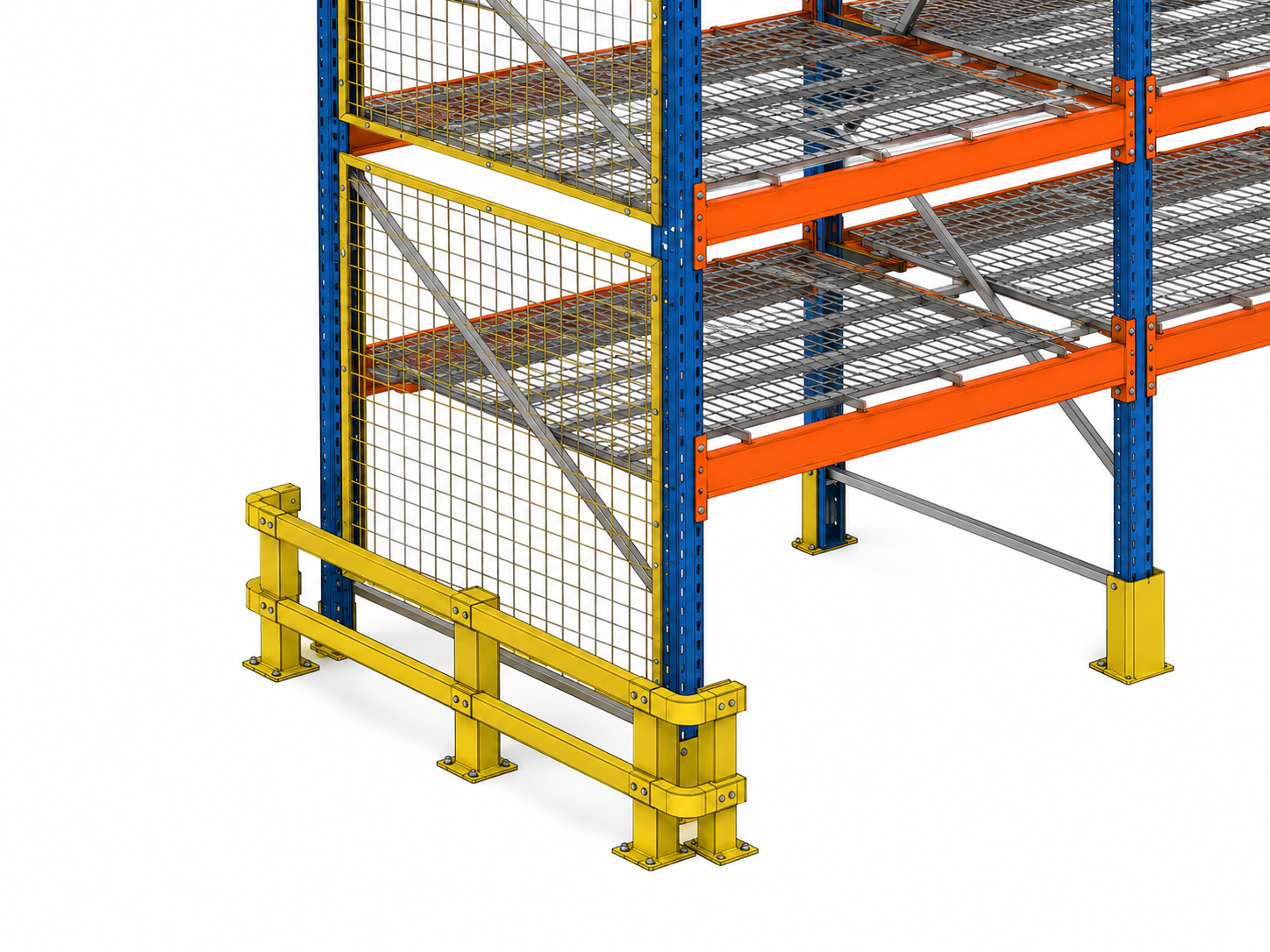 Warehouse rack end protection and full height mesh
