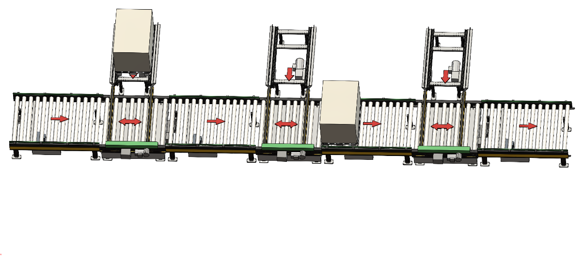 Horizontal multi zone pallet transfer line with independent roller zones and vertical buffer stations