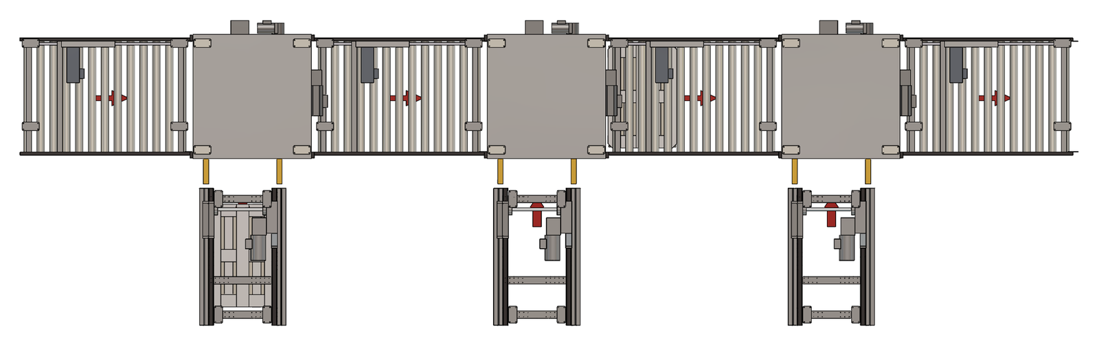 Top view of the multi zone pallet transfer line showing repeated transfer modules and lift interface positions