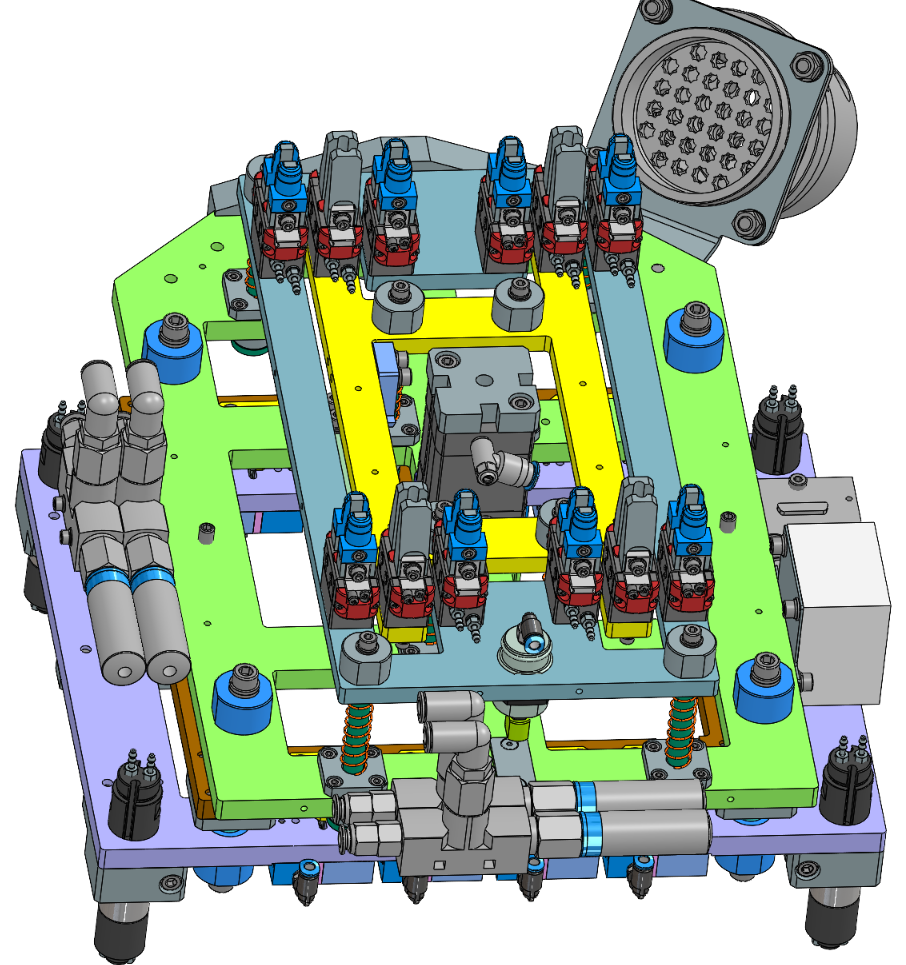 Top side view of the EOAT showing mirrored pneumatic clamp groups