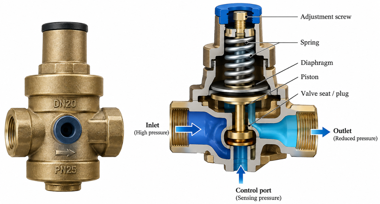 Direct acting pressure reducing valve with cutaway view showing spring, piston, valve seat, inlet, outlet and control port