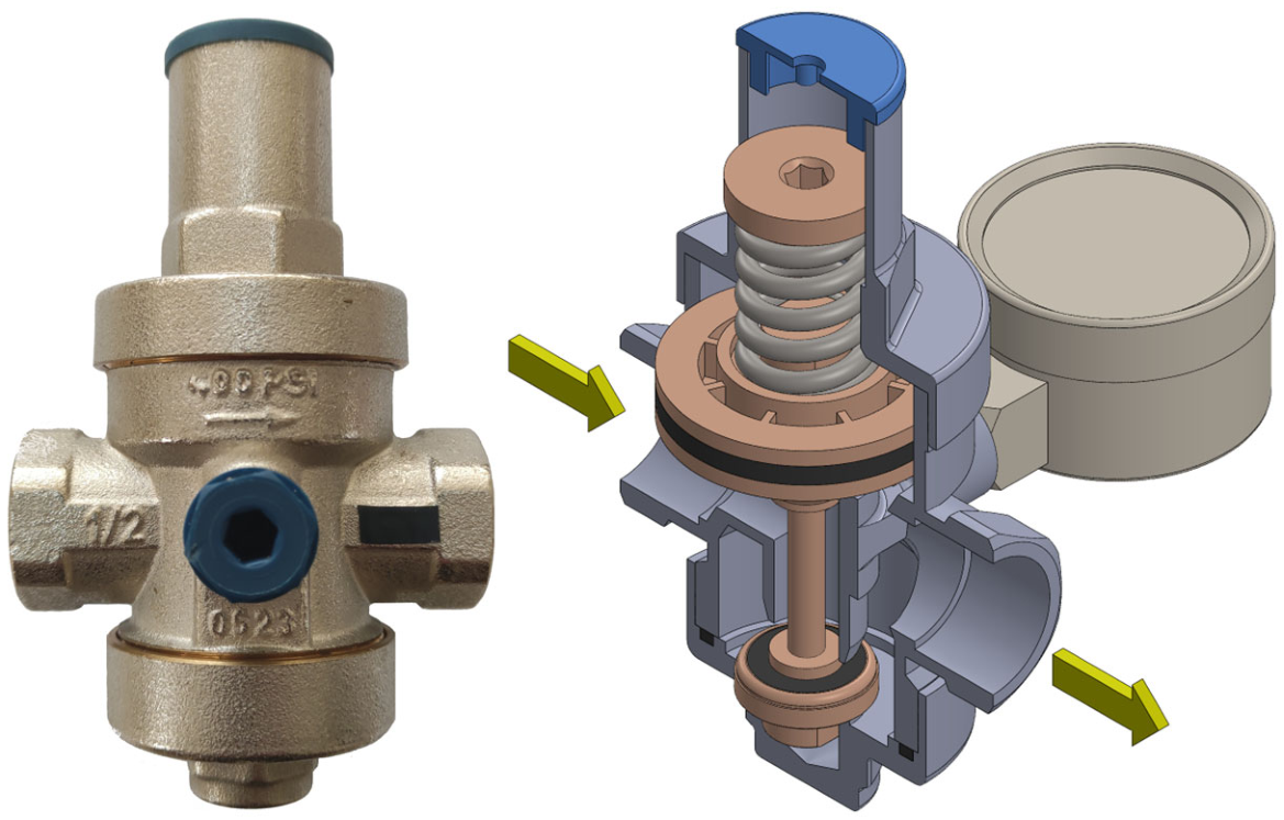 Physical pressure reducing valve beside a sectional CAD representation of the internal spring and piston mechanism