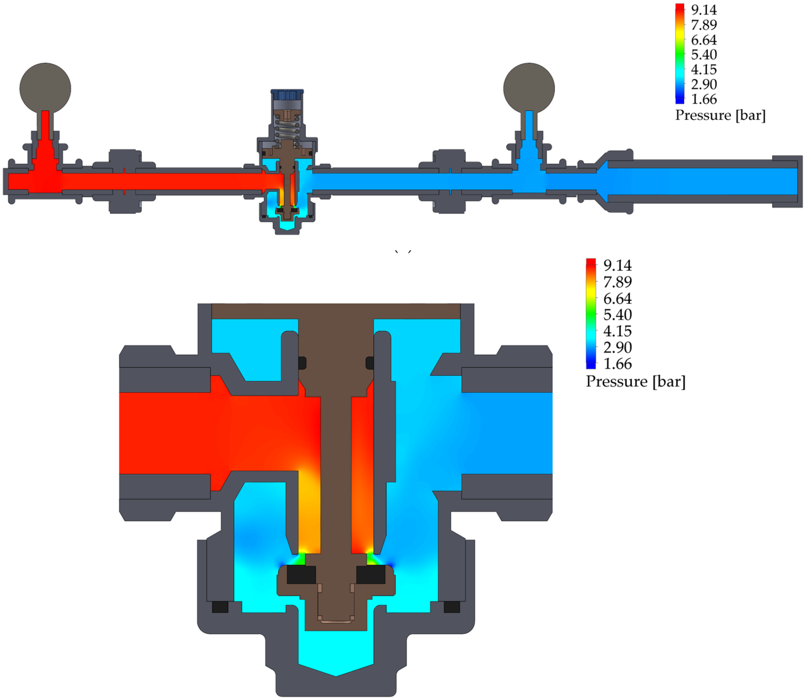 CFD pressure distribution through a pressure reducing valve and enlarged throttling region