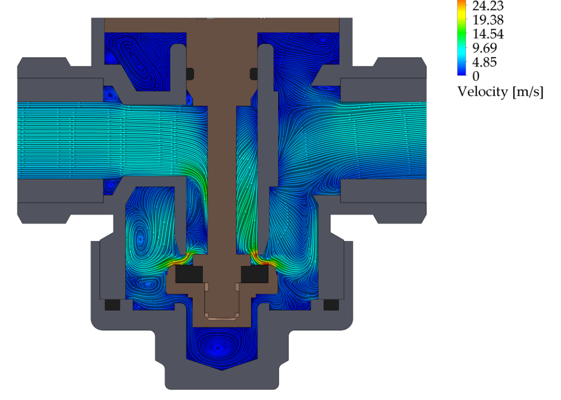 CFD velocity streamlines through the pressure reducing valve