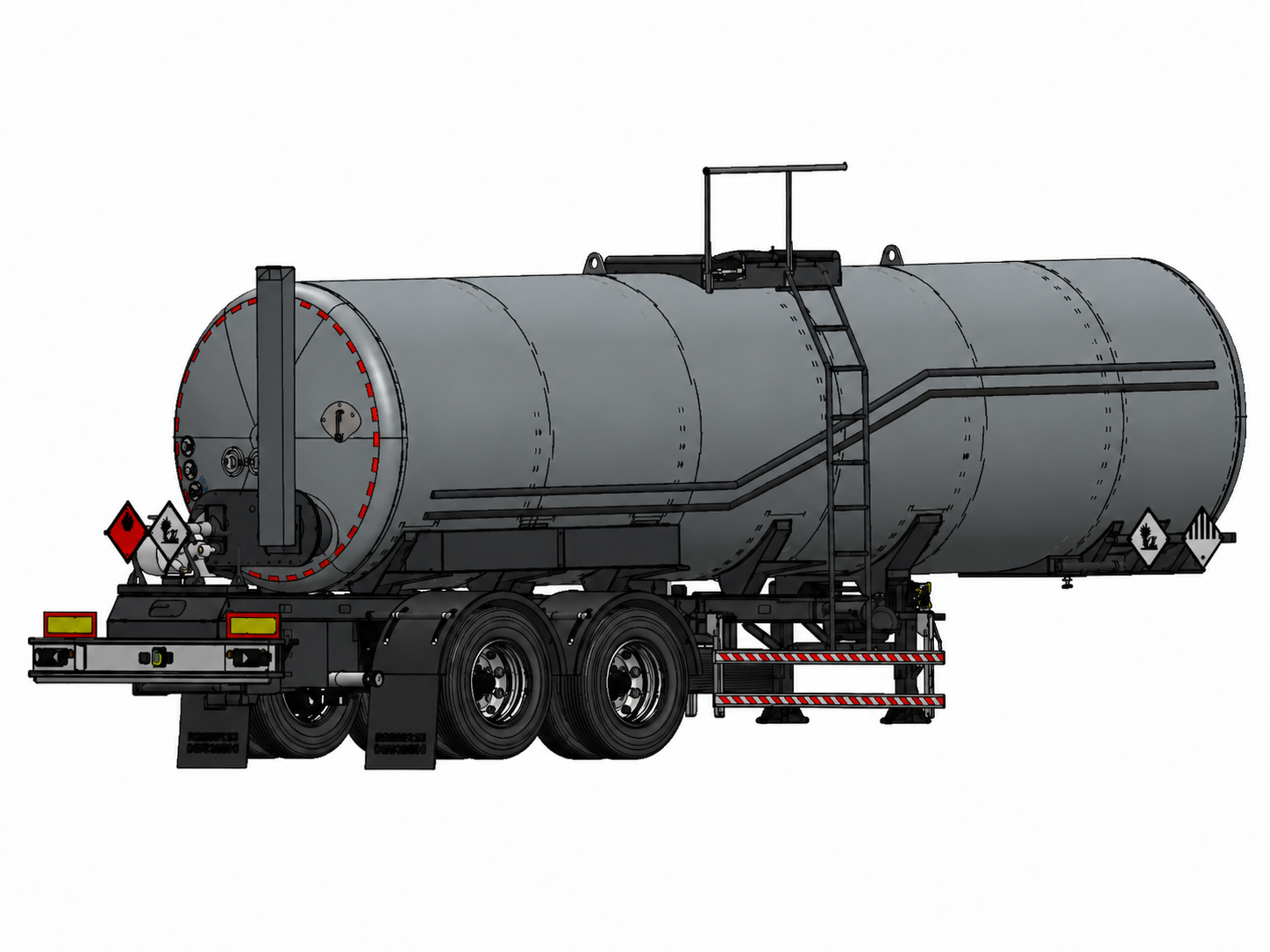 Exterior quarter view showing the cylindrical shell, end closure, access platform and chassis integration without exposing confidential internal baffle geometry.