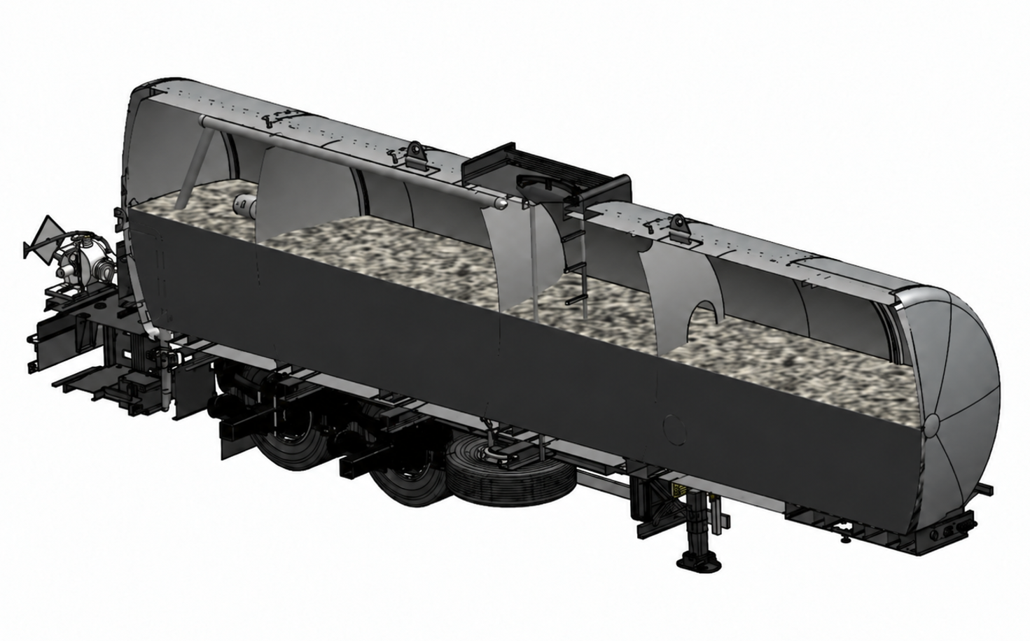 Cutaway tanker CAD view showing representative internal baffles, liquid volume, access features and chassis integration.