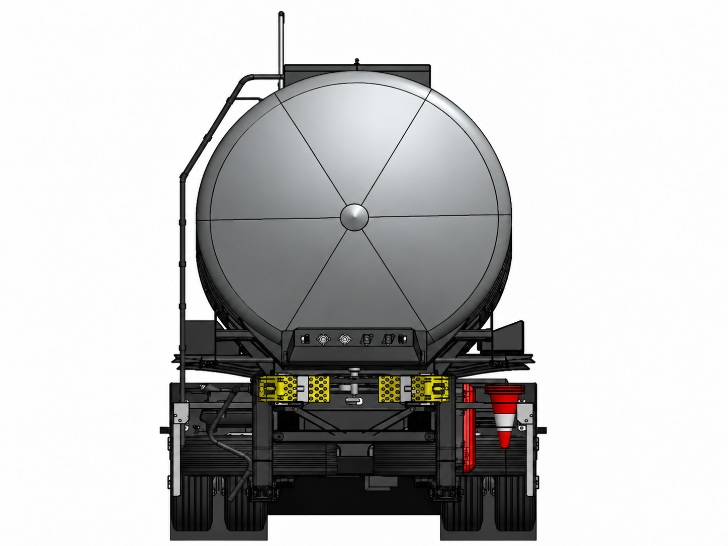 End view showing vessel diameter, chassis width, suspension packaging and service equipment clearances within the transport envelope.