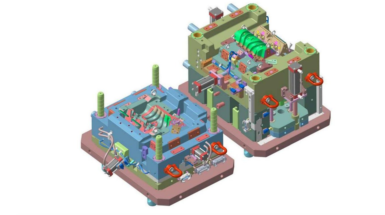 Complete mould CAD assembly with cavity and core halves shown apart