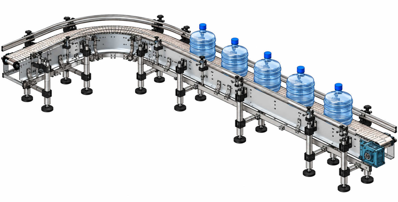 Curved table top chain conveyor carrying large bottles