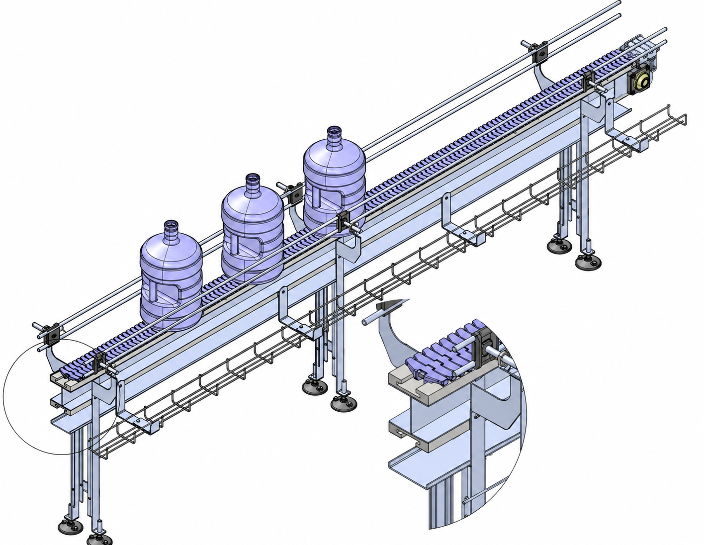 Table top chain conveyor assembly with detailed support and guide arrangement