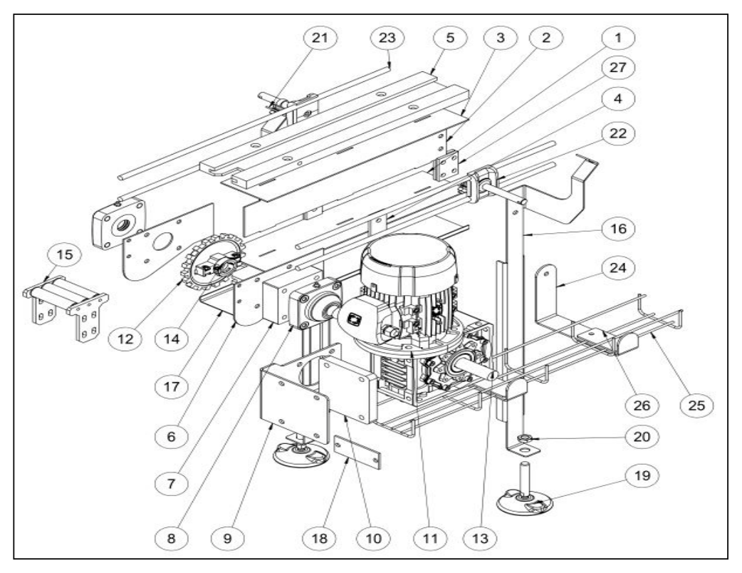 Exploded drawing of the redesigned conveyor drive section