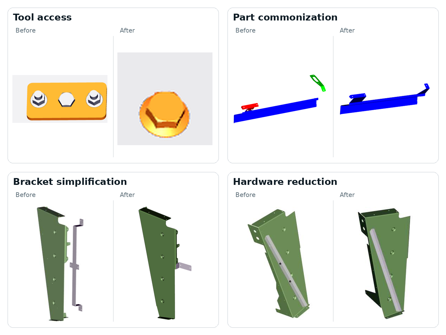 Before and after examples of DFA improvements with the component geometry cropped clearly for comparison