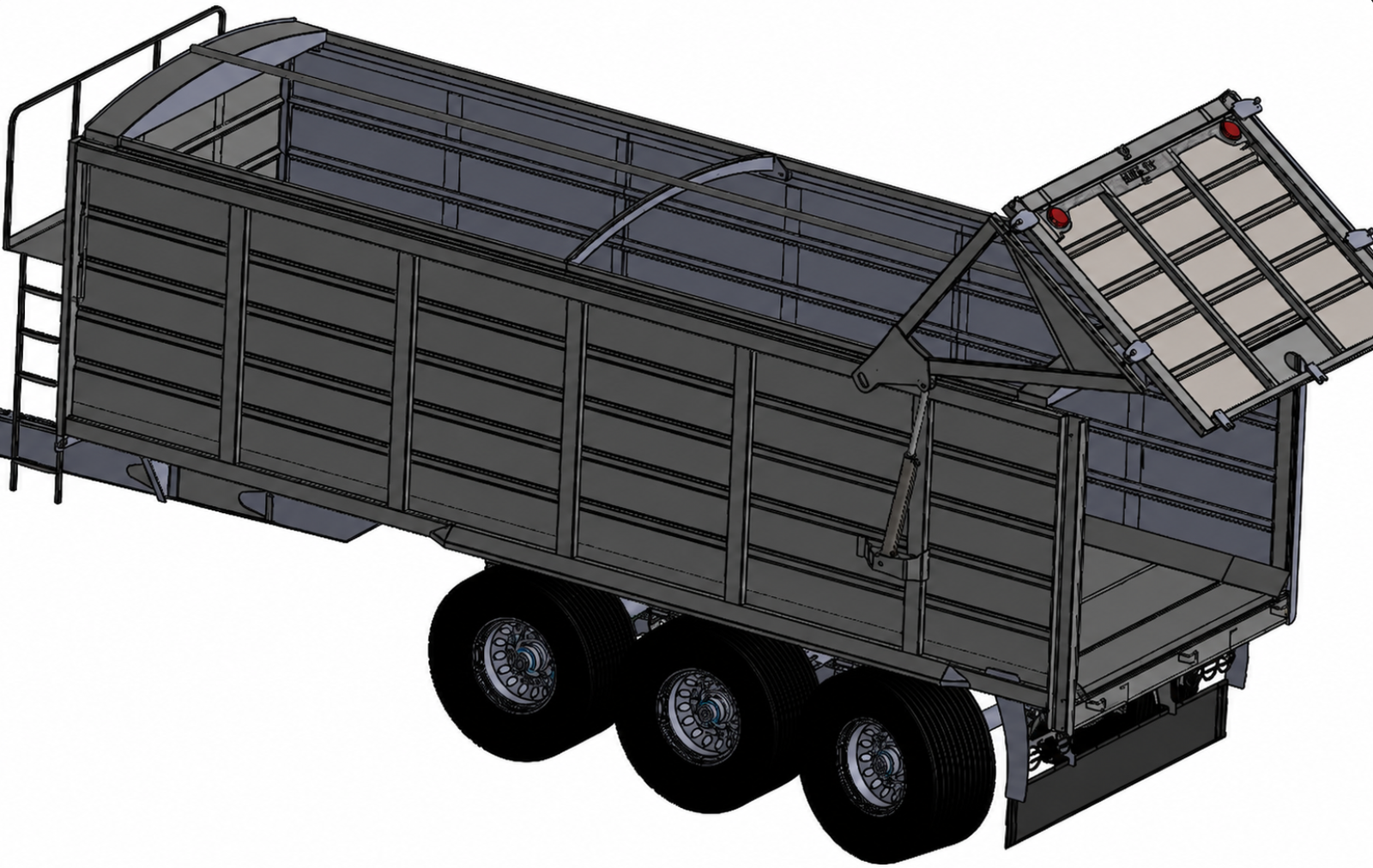 Triaxle silage trailer 3D CAD assembly with raised rear gate
