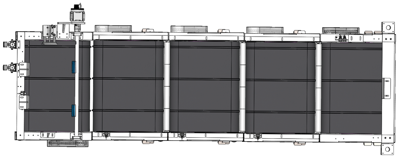 Plan view of independent belt zones, transfer rollers and side guides