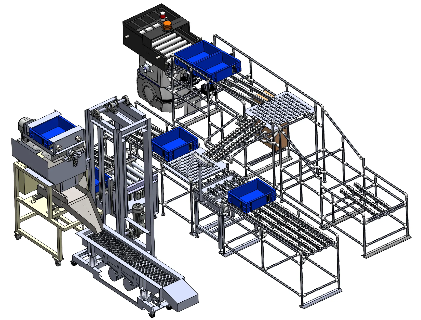 Conveyor and material handling system CAD assembly with roller conveyors, transfer stations and blue totes