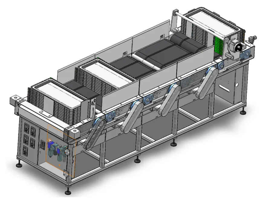 Conveyor and material handling CAD assembly with belt sections, product carriers, chain drives and machine frame