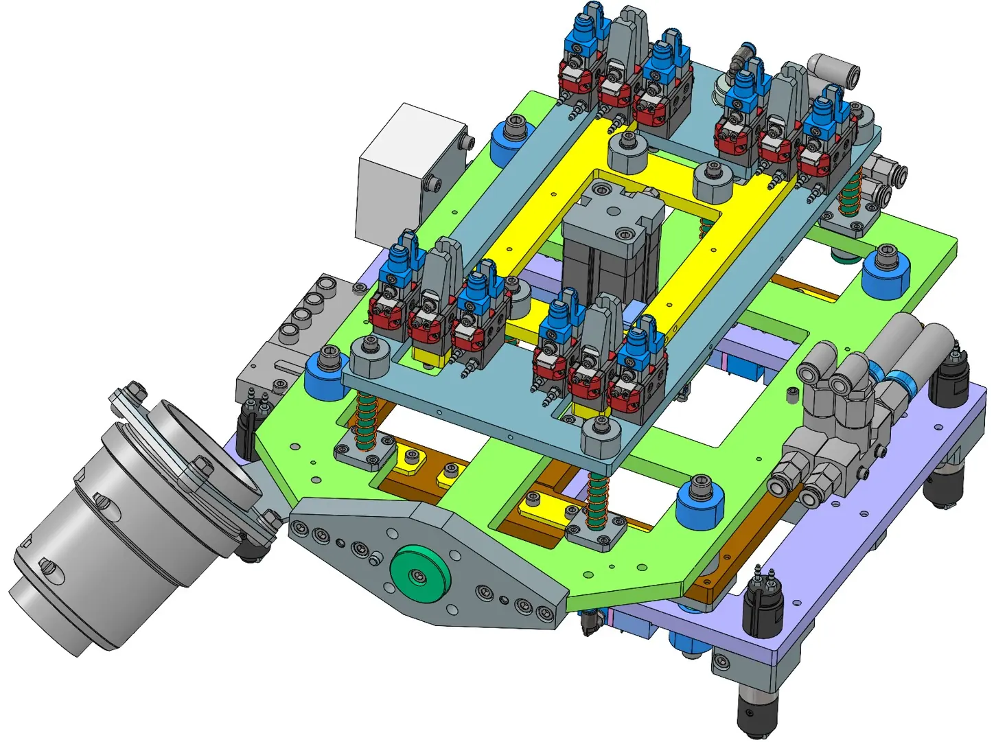 Custom machinery tooling and fixture CAD assembly showing pneumatic clamps, structural plates and precision locating components